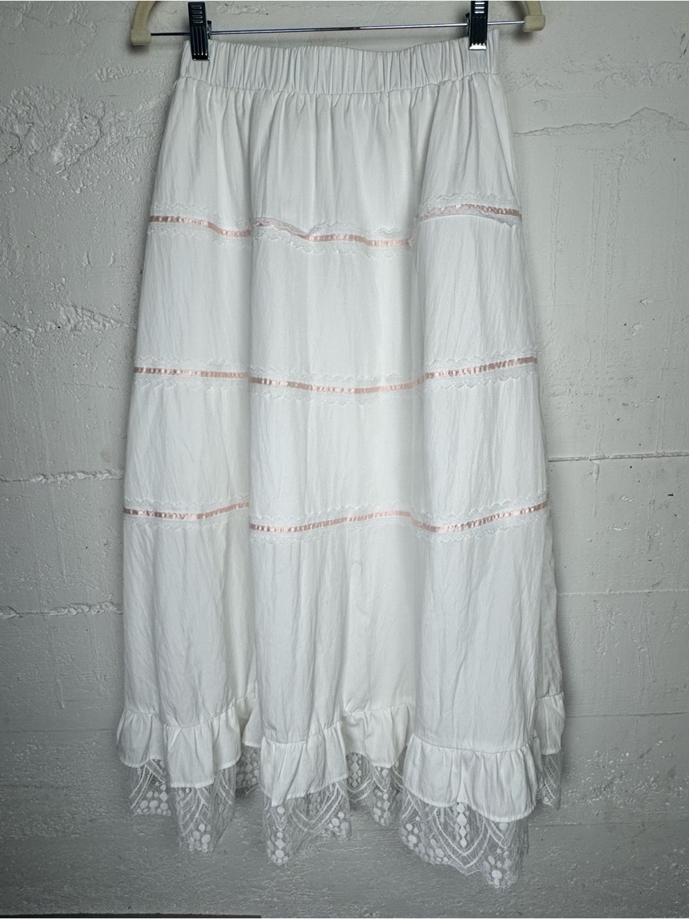 Dazy White Tiered Maxi Skirt with Lace Trim Cottagecore Petty Coat Lined Size M